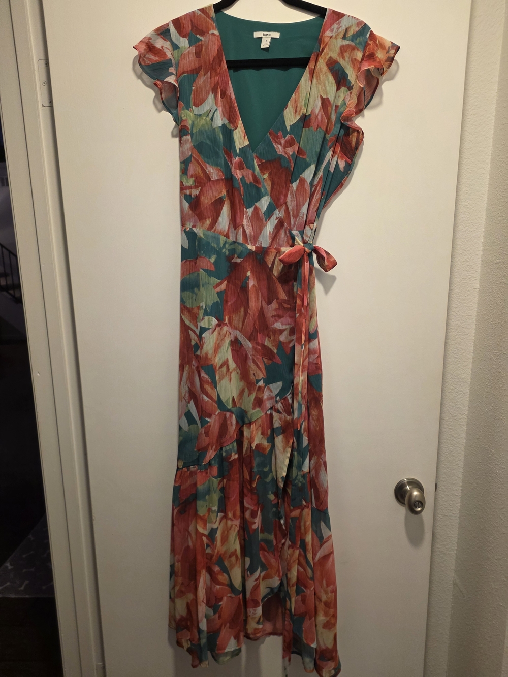 Bar III Teal and Coral Floral Wrap Maxi Dress